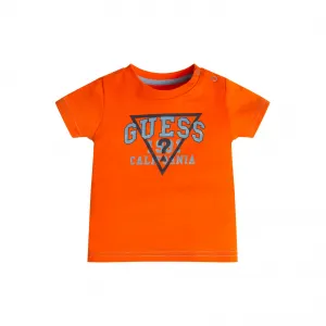 Памучна тениска за бебе момче с къс ръкав в оранжево с надпис Guess