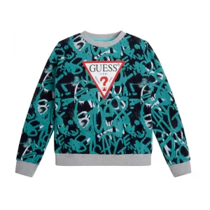 Плътна блуза в тюркоазен цвят за момче с контрастно лого Guess. 