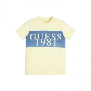 Тениска с къс ръкав в цвят лайм за момче с цветен надпис Guess