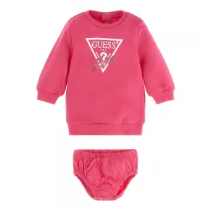 Памучна рокля в розово с голямо лого Guess