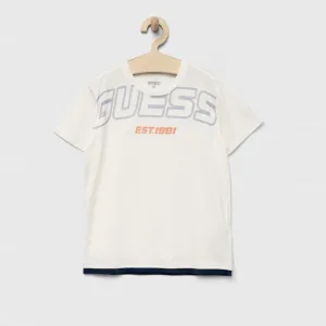 Бяла тениска с къс ръкав с контрастен надпис Guess