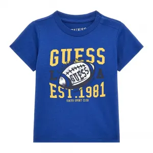 Синя тениска с къс ръкав с цветни детайли отпред за бебе момче Guess