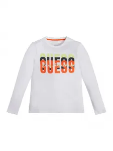 Блуза с дълъг ръкав в бяло за момче с цветен надпис Guess