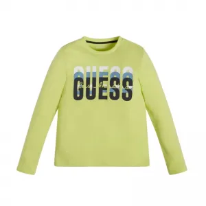 Блуза с дълъг ръкав в цвят лайм за момче с цветен надпис Guess