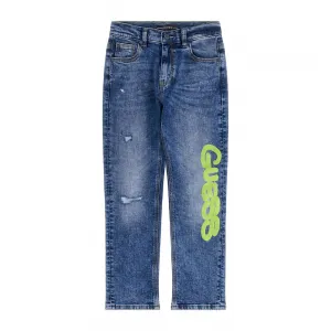 Дънков панталон за момче oversize с кръпки и електрикав надпис Guess