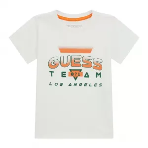 Бяла тениска с къс ръкав с контрастен надпис Guess