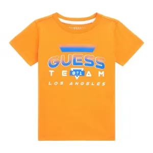 Оранжева тениска с къс ръкав с контрастен надпис Guess