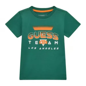 Зелена тениска с къс ръкав с контрастен надпис Guess