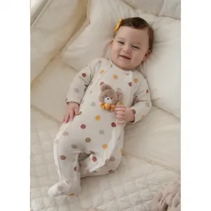 Пижама плюшена за новородено момиче в млечен цвят с цветни точки и мече Майорал