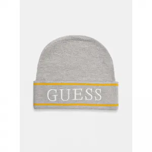 Шапка в сиво от фино плетиво с надпис и контрастни ивици за момче Guess