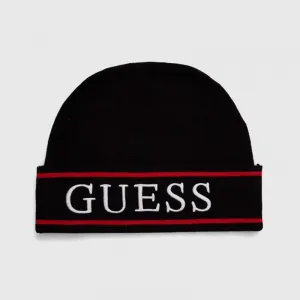 Шапка в черно от фино плетиво с бял надпис и червени ивици за момче Guess