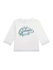 Бяла блуза с дълъг ръкав за бебе момче със светло син надпис Guess