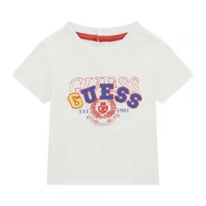 Бяла тениска за бебе момче с надпис Guess в червено, синьо и жълто