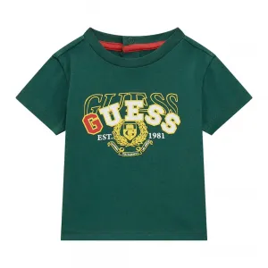 Зелена тениска за бебе момче с надпис Guess в червено, бяло и жълто