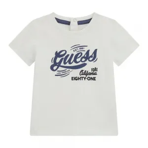 Бяла памучна тениска за бебе момче със син надпис Guess