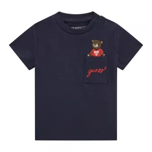 Тъмно синя тениска с къс ръкав за бебе момче с джоб и бродирано мече Guess