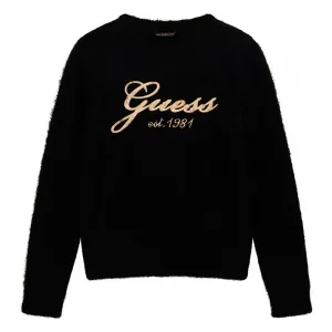 Фин пуловер в черно за момиче със златист надпис и пайети Guess