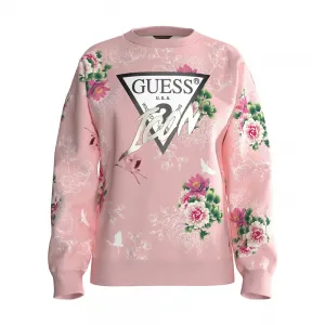 Спортна блуза с дълъг ръкав в бледо розово за момиче с цветя Guess