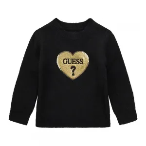 Нежен мек пуловер в черен цвят за мини момиче със златно сърце Guess