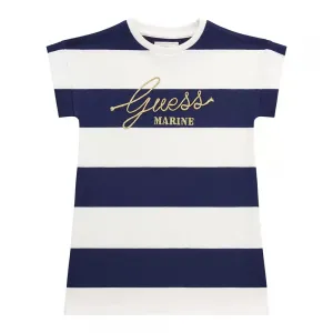 Спортна рокля в синьо и бяло райе със златист надпис за мини момиче Guess