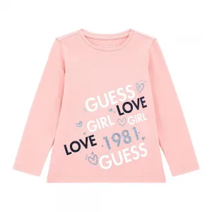 Розова блуза за мини момиче с многоцветни надписи с глитери Guess