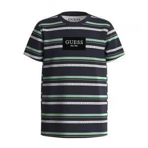 Тениска с къс ръкав за момче в тъмно синьо и зелено райе Guess