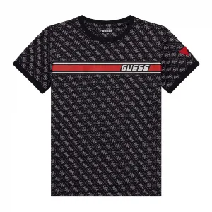 Тениска за момче покрита с лога и контрастна червена лента отпред Guess
