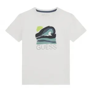 Тениска за момче в бял цвят с нарисувана морска вълна и надпис Guess