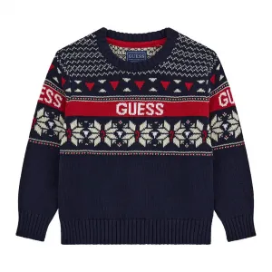 Тъмно син пуловер с цветни детайли за мини момче Guess