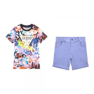 Многоцветна свежа тениска и къси сини панталонки за мини момче Guess