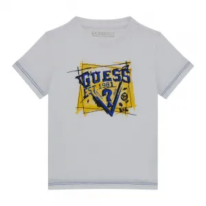 Бяла блуза с къс ръкав за мини момче с лого в жълто и светло синьо Guess