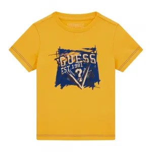 Жълта блуза с къс ръкав за мини момче с лого в бяло и синьо Guess