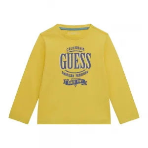 Жълта блуза с дълъг ръкав за мини момче със син надпис на марката Guess