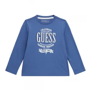 Синя блуза с дълъг ръкав за мини момче с бял надпис на марката Guess