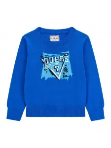 Светло син пуловер за мини момче с контрастно лого и надпис Guess