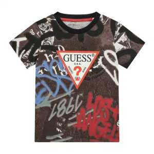 Тениска с къс ръкав за мини момче с цветни графити и червено лого Guess