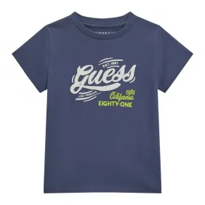 Синя тениска за мини момче с бял надпис Guess