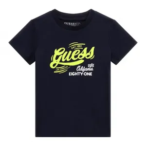 Тъмно синя тениска за мини момче с електрикав надпис Guess