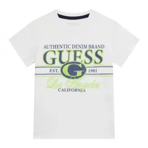 Бяла тениска за мини момче с бродиран двуцветен надпис Guess
