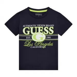 Тъмно синя тениска за мини момче с бродиран двуцветен надпис Guess