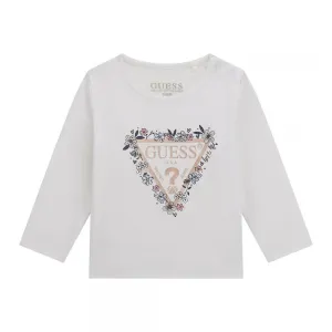 Бяла блуза за бебе момиче с розово лого и цветя Guess