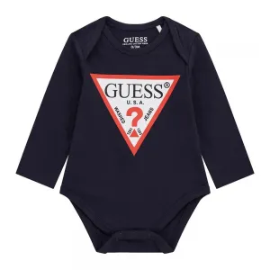 Тъмно синьо боди с дълъг ръкав за новородено момче с червено лого Guess
