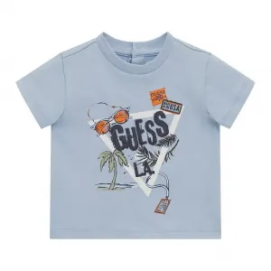 Бледо синя тениска с детайли и бяло лого Guess за бебе момче