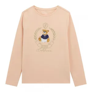 Блуза цвят праскова за момиче с цветно мече и златист надпис Guess