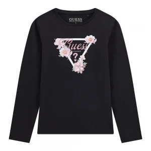 Черна блуза за момиче с контрастно лого и цветя Guess