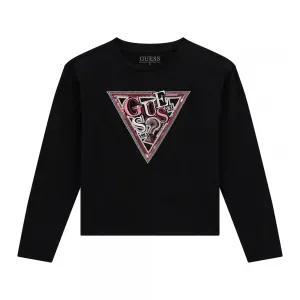 Черна блуза с дълъг ръкав за момиче с лого от пайети Guess