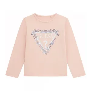 Блуза в прасковен цвят за мини момиче с бяло лого и цветя Guess