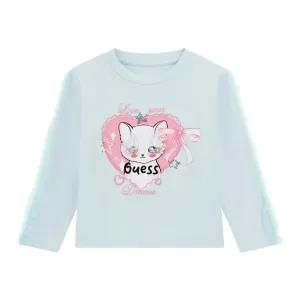 Нежна блуза с дълъг ръкав за мини момиче със сладко коте и пайети Guess