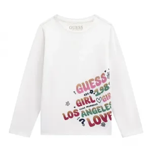 Бяла блуза за мини момиче с цветни надписи Guess