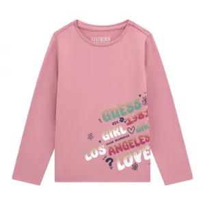 Розова блуза за мини момиче с цветни надписи Guess